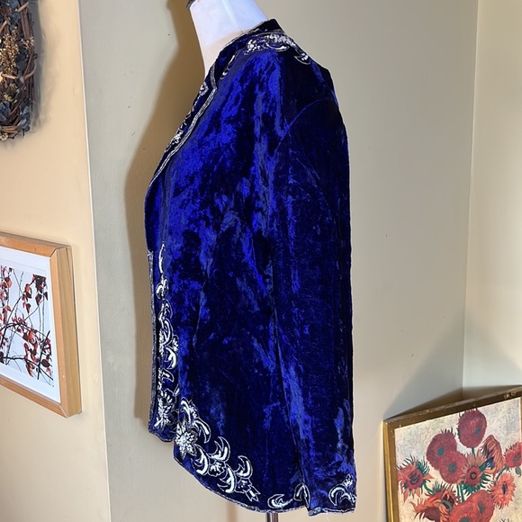 Vintage Blue Velvet Size Large Beaded Pearls Blazer Topper USA Made Event NYEve - Picture 11 of 12